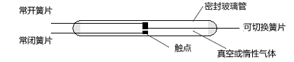 Form C (單刀雙擲 (SPDT) 三個簧片的磁簧開關(guān)的基本結(jié)構(gòu)。