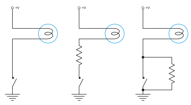 如在開關(guān)加設(shè)一組并聯(lián)的電阻器，這樣可以容許一道微量電流流動，加熱電燈泡的烏絲，當(dāng)開關(guān)閉合時，由于烏絲是熱的，這樣就不會引發(fā)起突入電流了